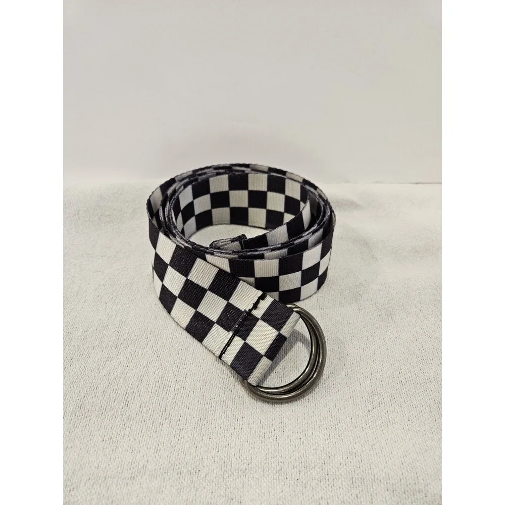 Unisex Checkerboard Belt Black White Metal D Ring Buckle Double sided Soft